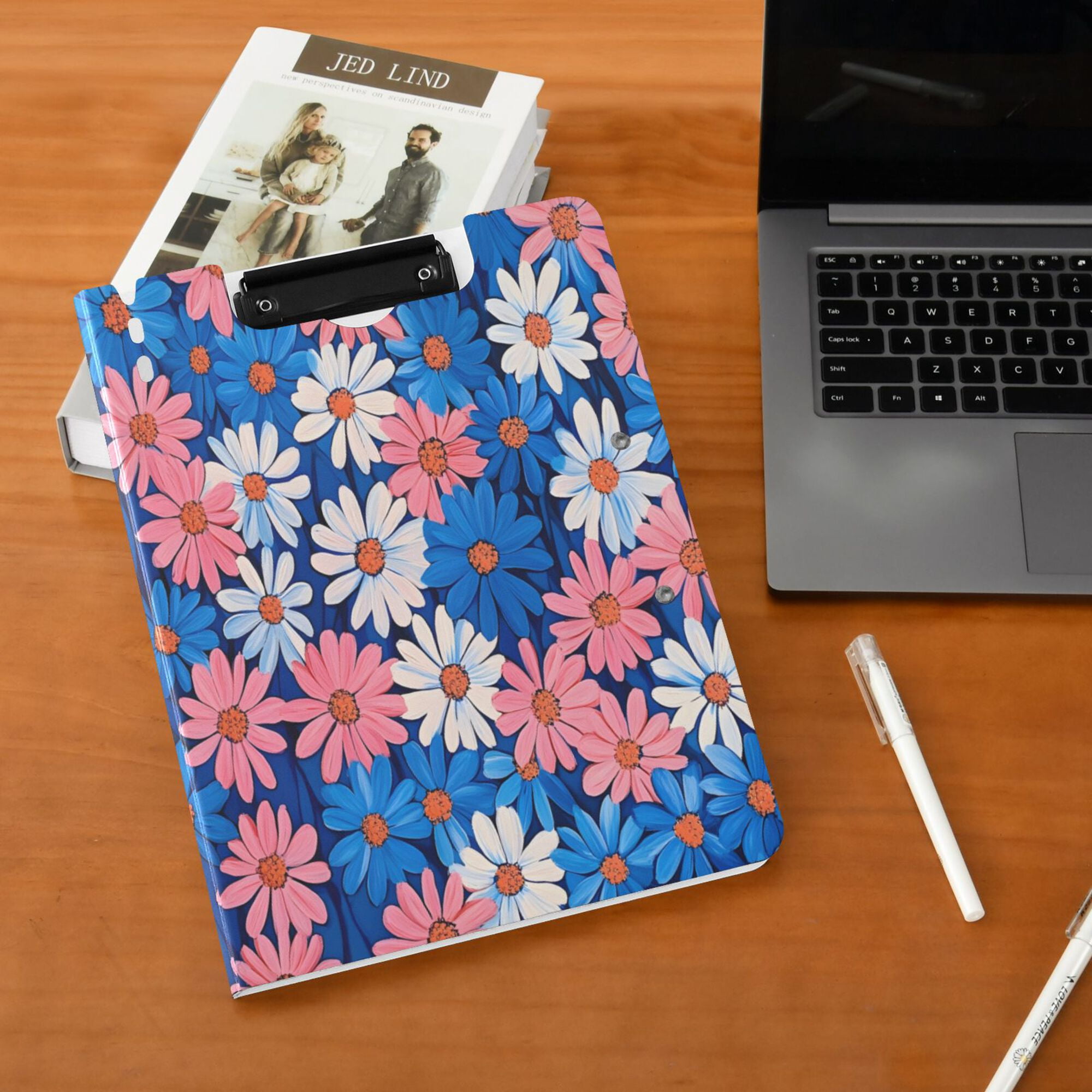 FORMRS A4 Clipboard Folder with Pen Holder Horizontal Foldable School Office Binder, Pink Flowers Pattern