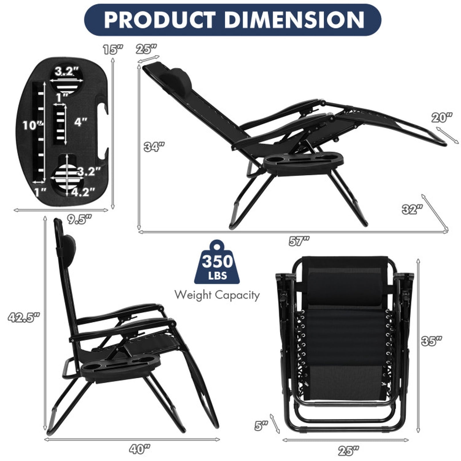 Furnibear Outdoor Folding Zero Gravity Reclining Lounge Chair with Removable Cup Holder Tray Detachable Headrest Steel and Aluminum Frame and 350 lb Capacity, Black