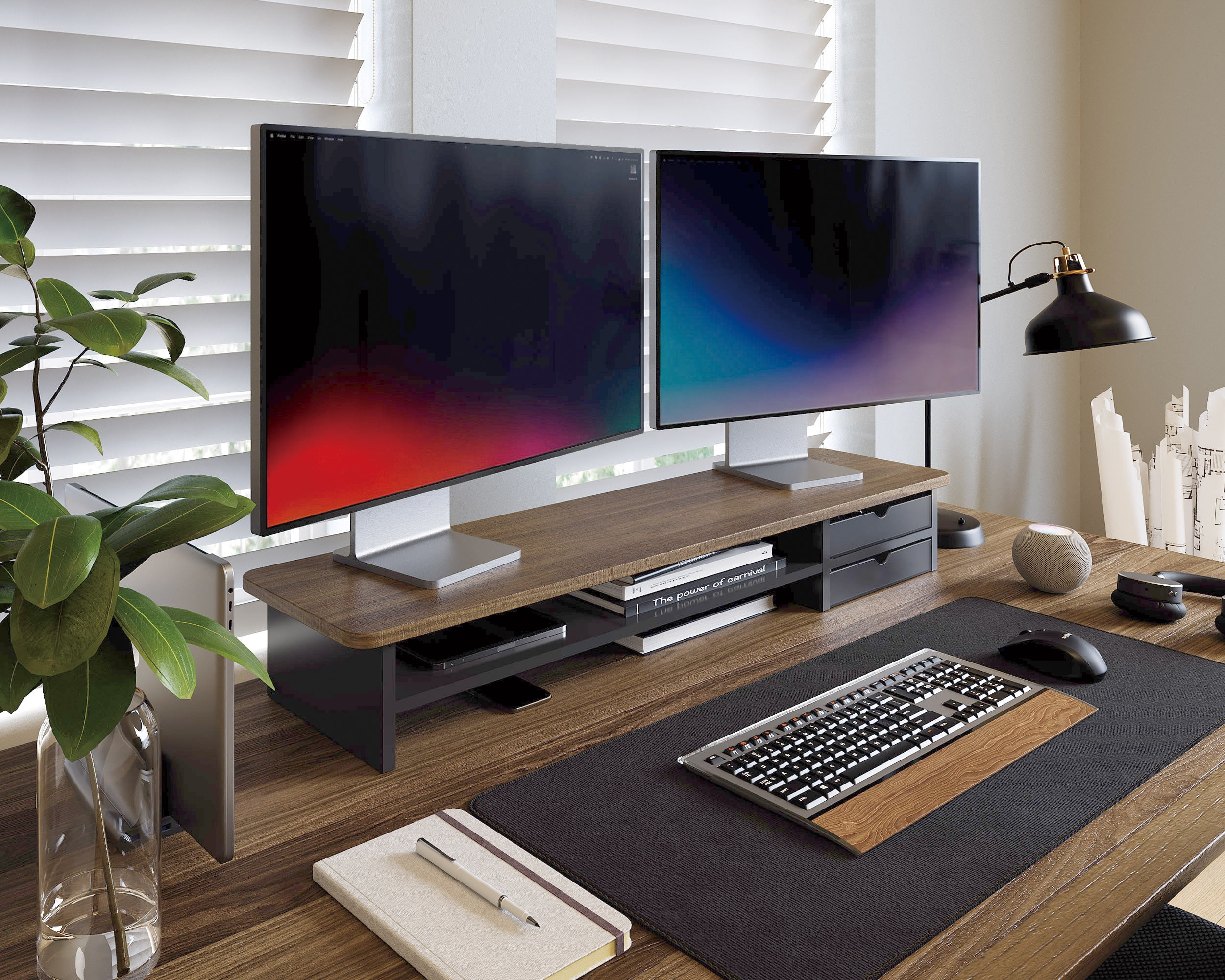 Fenge Monitor Stand, Dual Monitor Riser, 42.5inch Large Desk Computer Monitor Stand Riser with Drawer