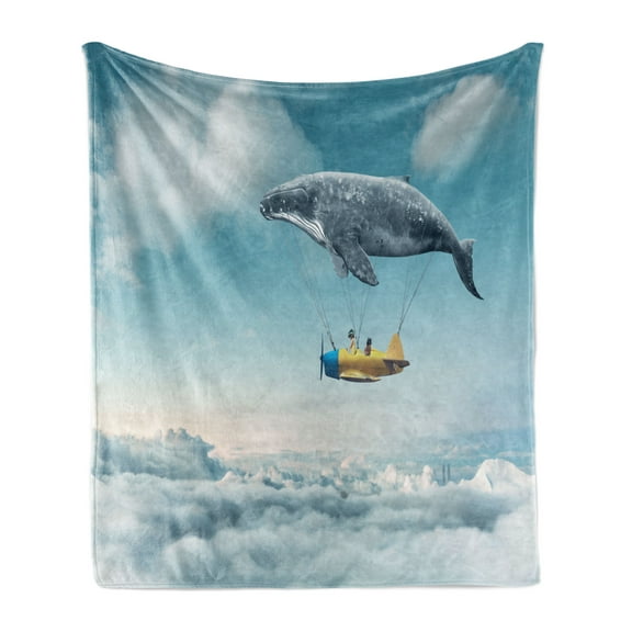 Whale Soft Flannel Fleece Throw Blanket, Dreamy View of Whale and Aeroplane Fantasy Landscape Cloudy Sky Image, Cozy Plush for Indoor and Outdoor Use, 50" x 70", Pale Blue Yellow White, by Ambesonne