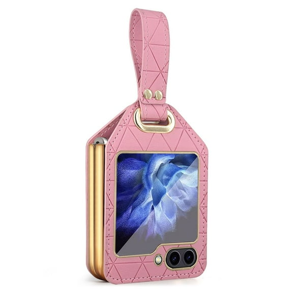 Compatible with Samsung Galaxy Z Flip 5 Leather Case with Screen Protector Wristband Slim Shockproof Case-Pink