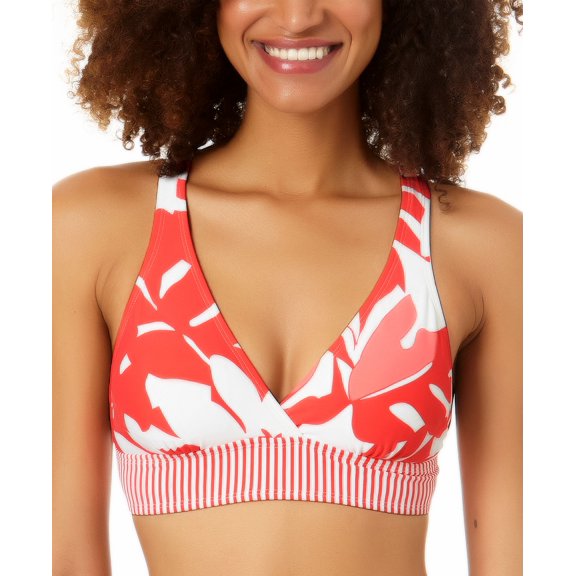 Women's Coastal Palm Printed Banded Cross-Back Bikini Top Coral Palm Print S
