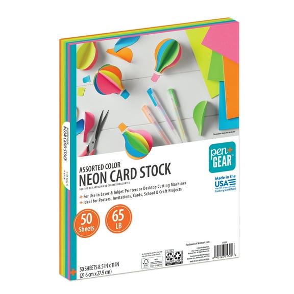 Pen+Gear Assorted Neon Card Stock, 8.5" x 11", 65 lb, 50 Sheets
