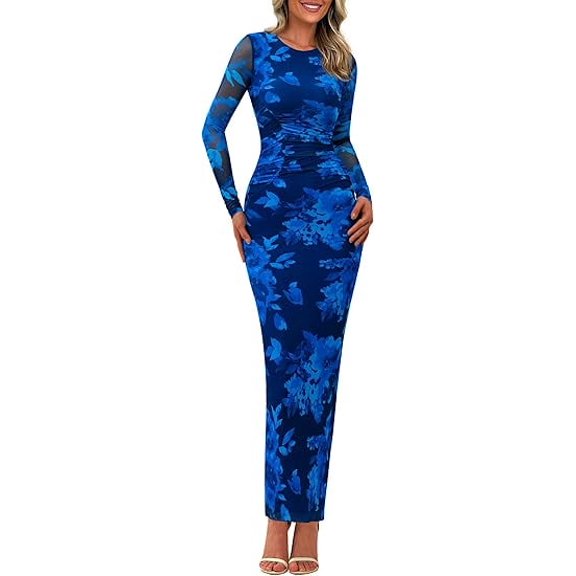 PRETTYGARDEN Women's Bodycon Maxi Dress Fall Spring Fashion Long Sleeve Floral Print Tight Fitted Cocktail Wedding Guest Formal Dresses