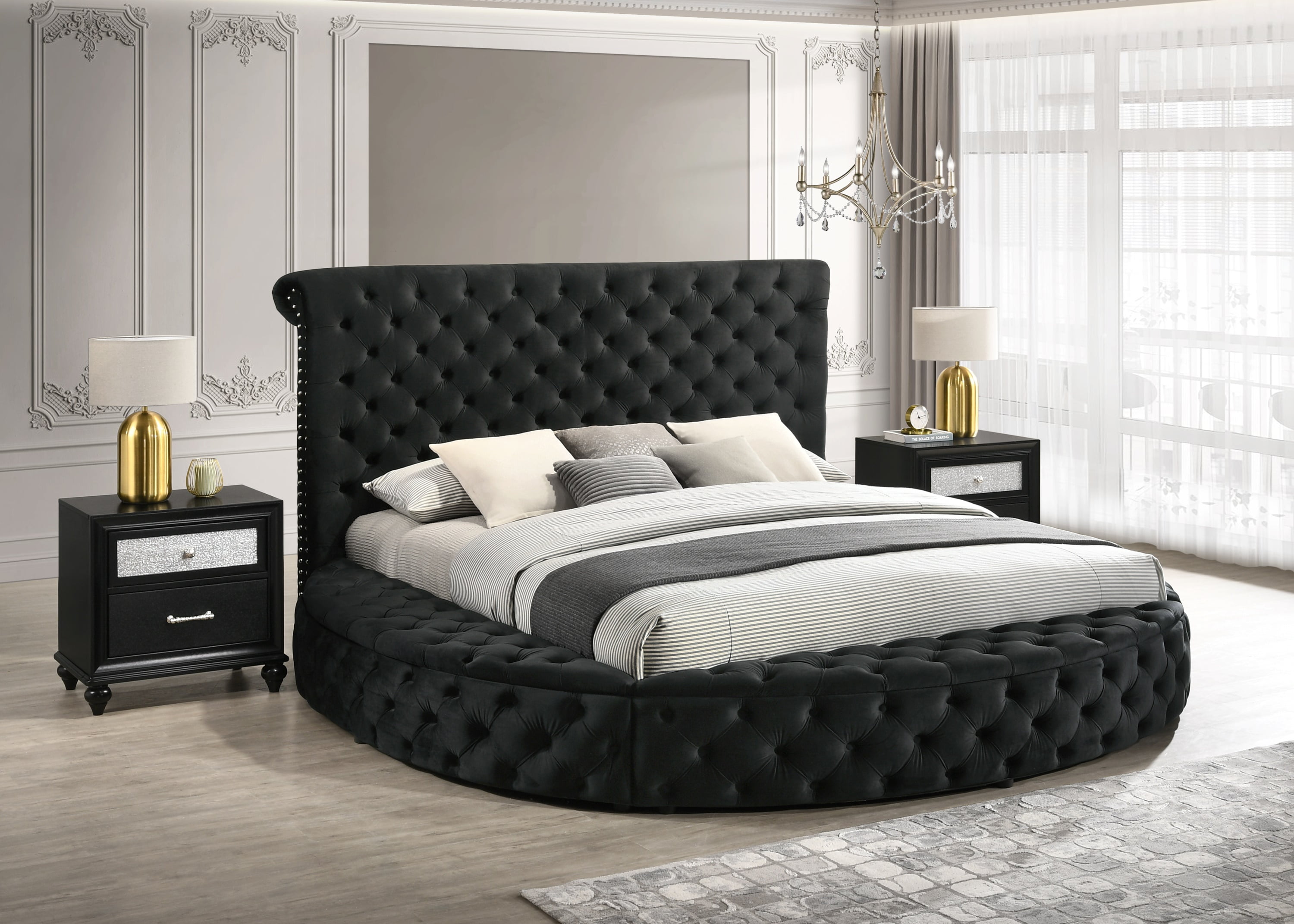 Bed Frame 1pc Unique Round Plush Black Velvet Button-Detailing Storage Bed King Size
