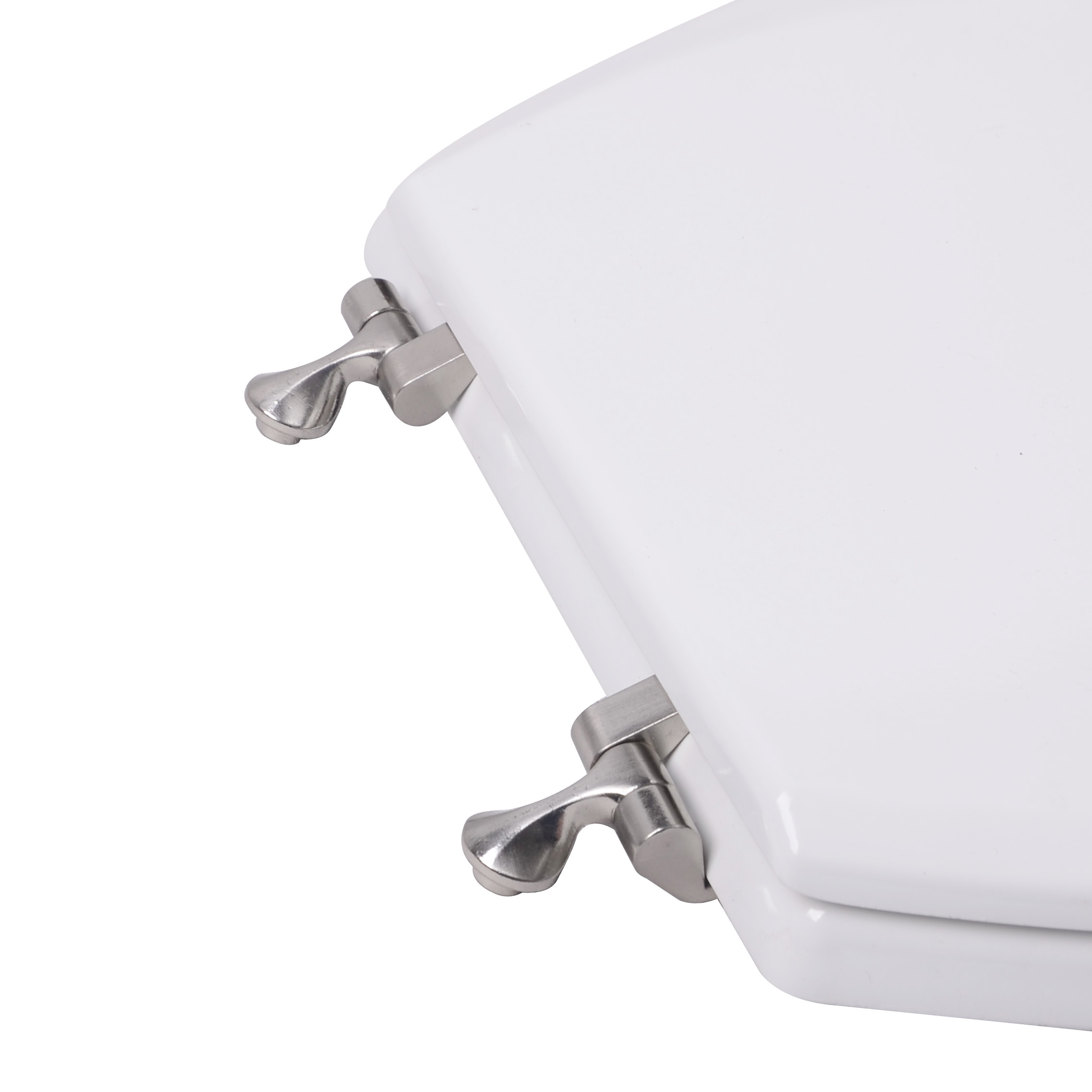 BathDecor Premium White Molded Elongated Wood Toilet Seat with Decorative Brushed Nickel Metal Hinge and OSG?