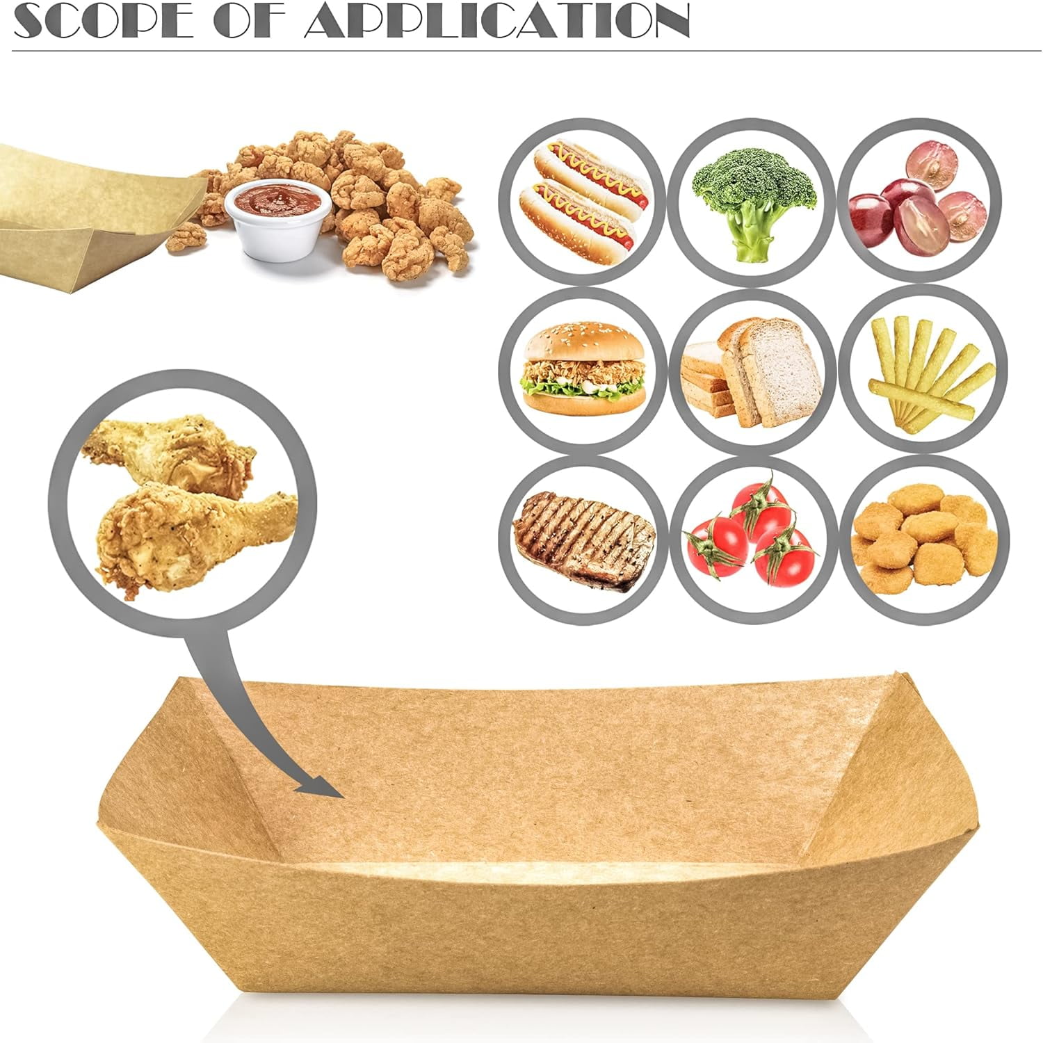 100 Pack 2lb Kraft Paper Food Trays, Heavy Duty Paper Food Boat Disposable Meal Basket Tray For French Fries Nachos Snacks Hot Dog Tacos BBQ Popcorn Party Picnic Wedding Party