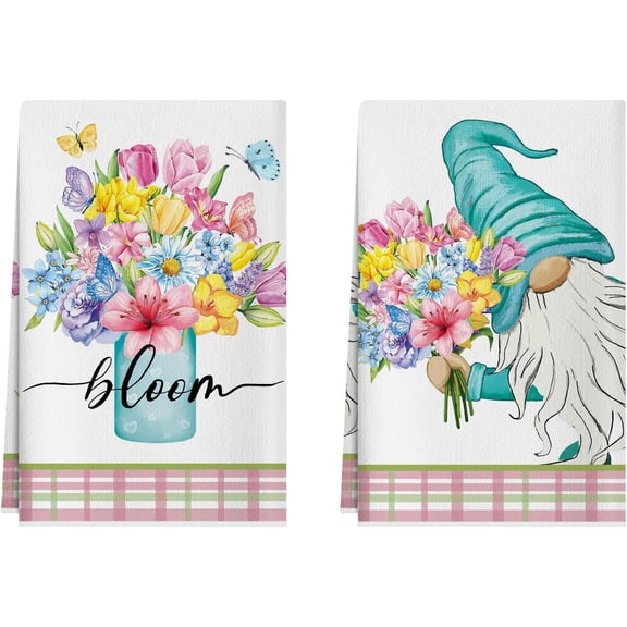 Colorful Flowers Gnome Spring Kitchen Towels Summer Dish Towels 18x26 Inch Home Kitchen Decorations Hand Towels Set of 2 Drying Dishcloth