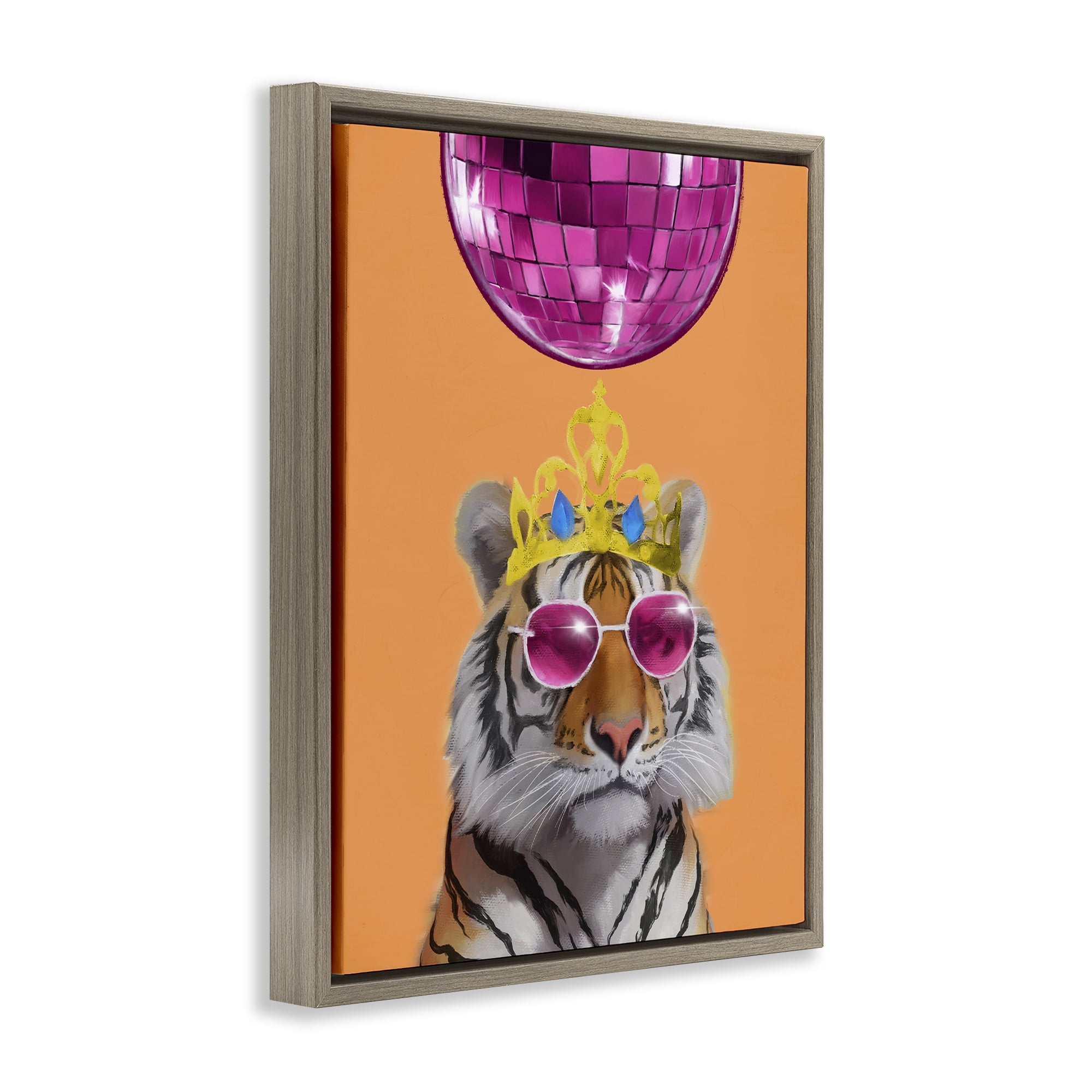 Stupell Industries Disco Tiger with Crown Animals Painting Brown Floater Framed Canvas Art Print Wall Art, 17 x 21