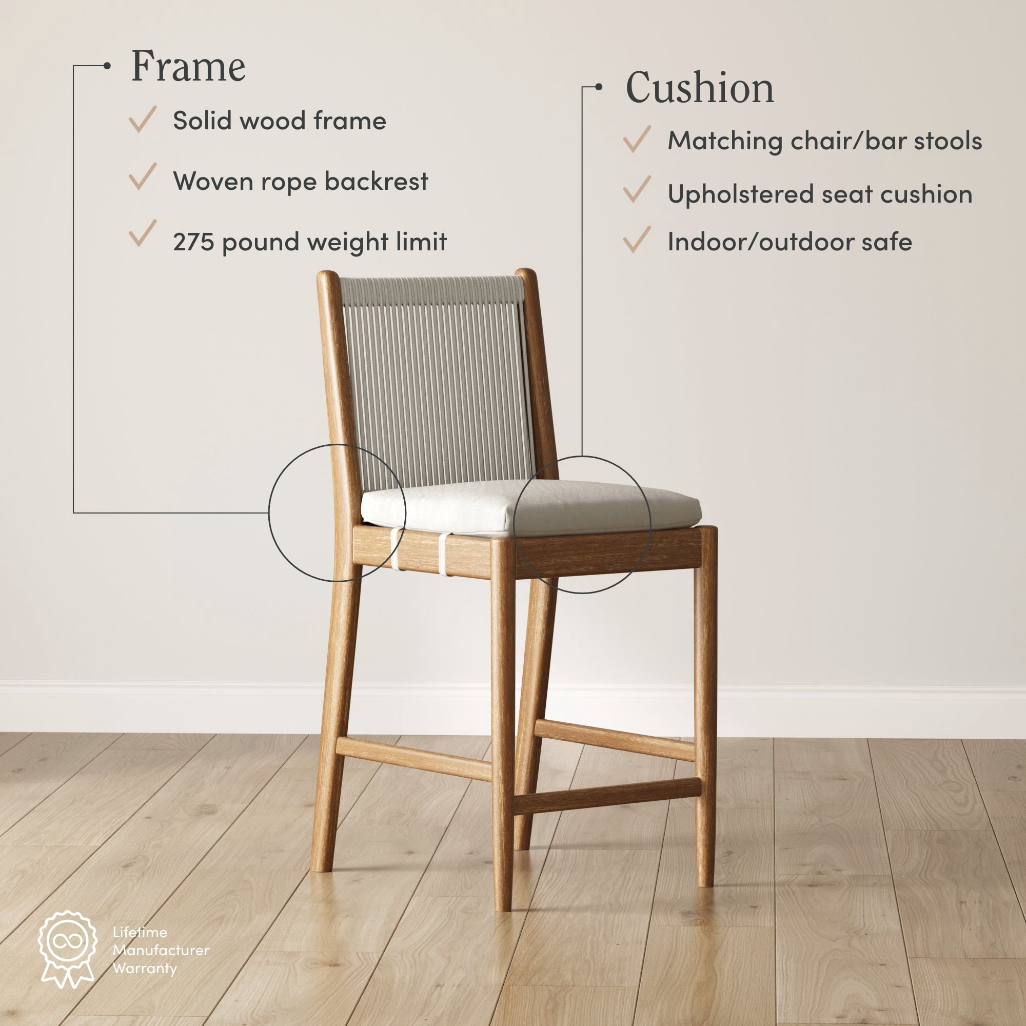 Nathan James Kayden Solid Wood Bar Stool with Woven Rope Backrest, Upholstered Bar Stool with Back, Counter Height Stools for Bar or Patio