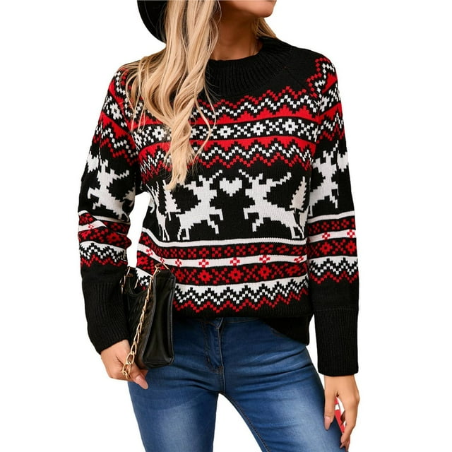 Pulls d'Automne pour Femmes Pulls de Noël Laids Vintage à Manches Longues Col Rond Hauts Tricot d'Hiver Noir G