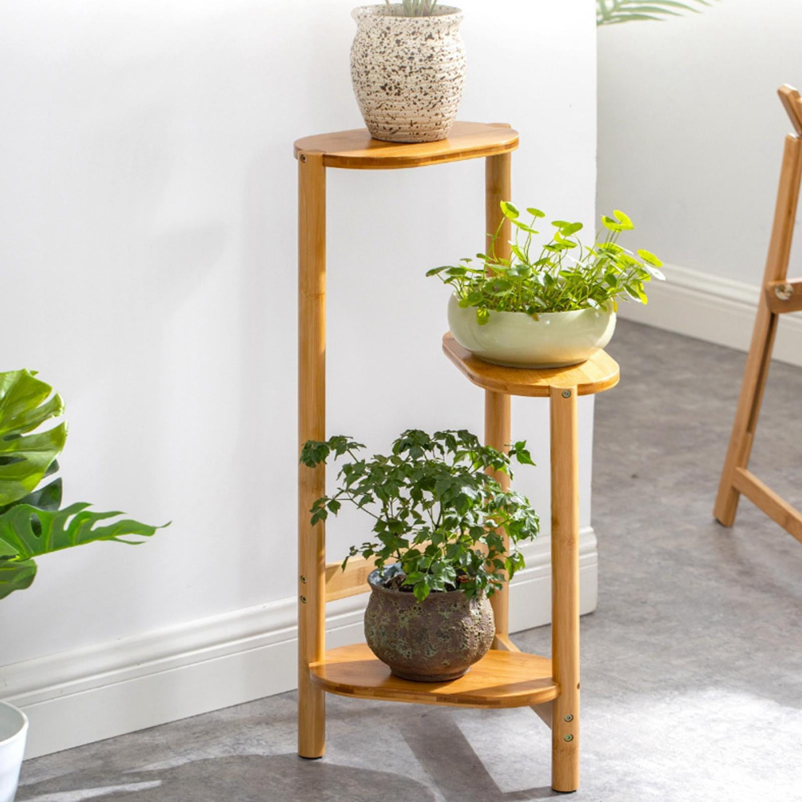Portable 2-Tier Bamboo Plant Flower Stand Rack Corner Tall Plant Bench Folding Small Space Plants Display Shelf Organizer for Indoor Home Office