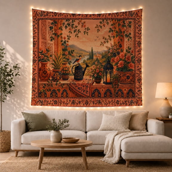 Rustic Patio Landscape With Arch Window and Flowers, Cozy Farmhouse for Art Lovers, Nature Wall Art Decor, Housewarming Gift, Tapestry Wall Hanging for Living Room and Bedroom