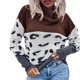 thumbnail image 1 of Suéter de mujer Estampado de leopardo Color de contraste Cuello alto Mangas de hombro caído Suéter Marrón S, 1 of 7
