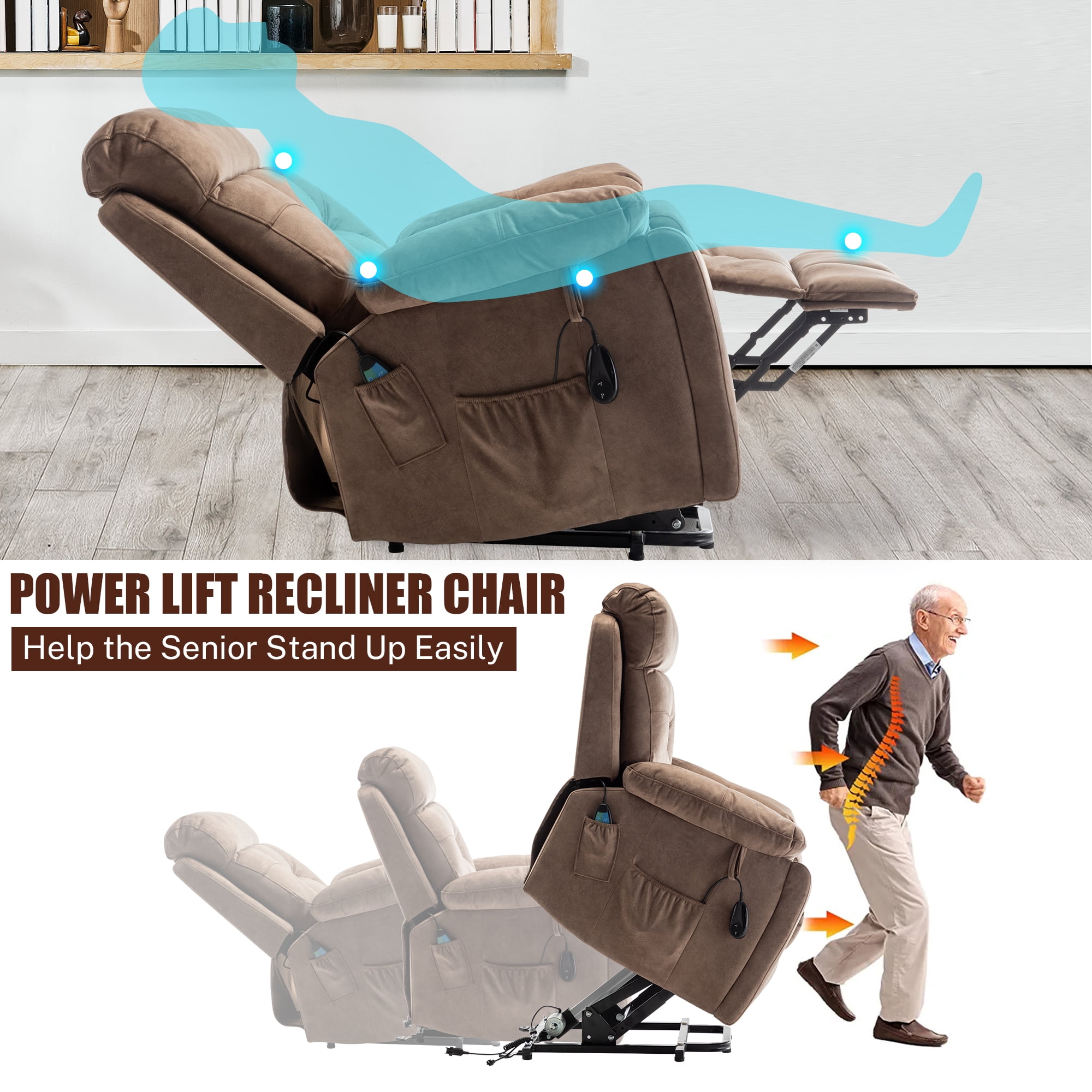 PAPROOS Oversized Electric Massage Lift Chair, Large Power Lift Recliner with Heat Therapy, Fabric Reclining Sofa with Remote, Hidden Cup Holder and Side Pocket for Elderly Seniors, Antique Brown