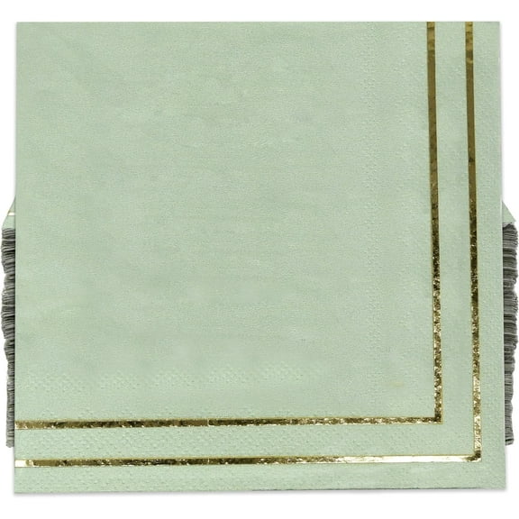 Gift Boutique 100 Gold and Sage Green Cocktail Beverage Napkins Metallic Golden Foil Trim Stripe Disposable Paper Dessert Napkin for Wedding Holiday Baby Shower Graduation Party Supplies Decorations