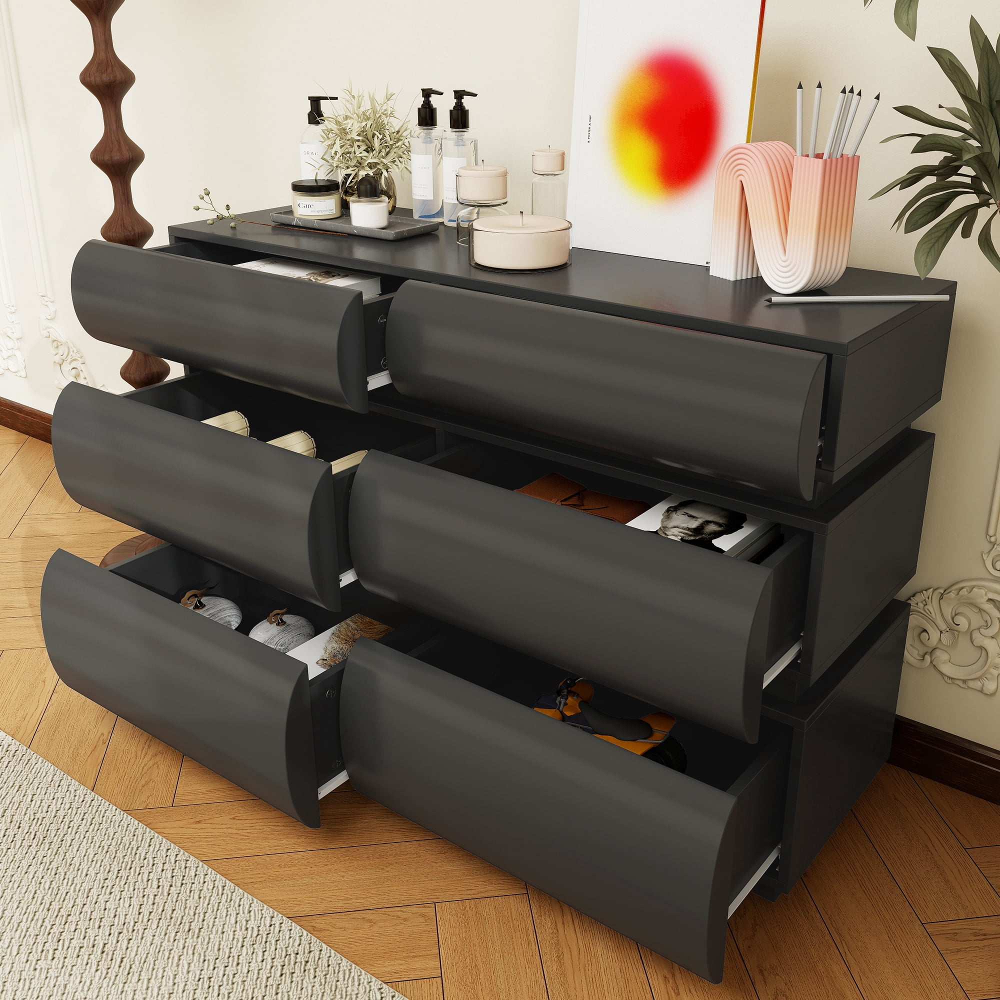 HIUU Modern dressers & chests of drawers with 6 Drawers,Dresser Cabinet Clothes Storage for Bedroom, Wooden Cabinet Dressers Drawers with Spacious Tabletop,Black