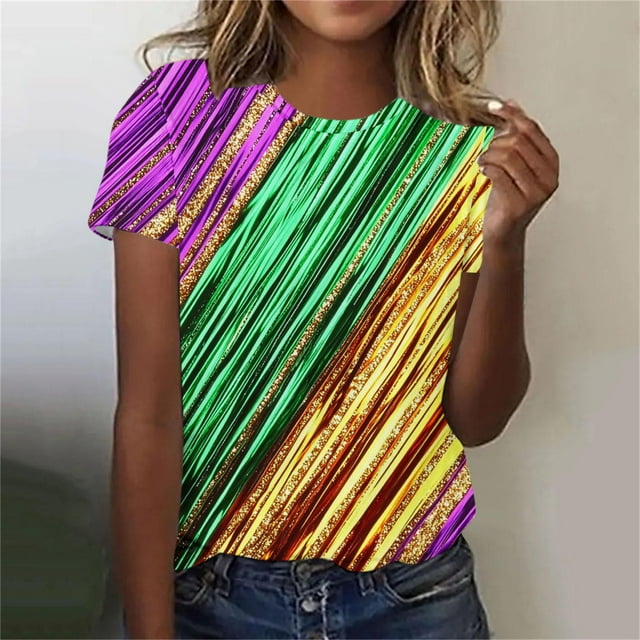 Xuyuer Happy Mardi Gras Shirt Womens Mardi Gras Day Heart Tshirt Tuesday Carnival Tee New Orleans Party Short Sleeve Casual Short Sleeve Tops Holiday Bleached Short Sleeve Tops