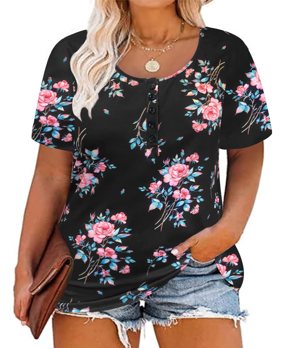 TIYOMI Ladies Plus Size Floral Tops Buttons Up Short Sleeve Tees Henley ...