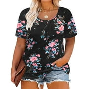 TIYOMI Womens Plus Size Floral Tops 3x Henley Shirts Buttons Up Short Sleeve Tees Black Crewneck Summer T-shirts For Women Casual Tunics 3XL 20W 22W