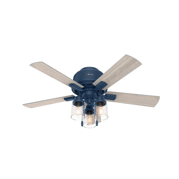 Hunter Fans 44" Indigo Blue Lighted Ceiling Fan with Clear Seeded Glass and LED Bulbs, Low Profile Design for Small Rooms