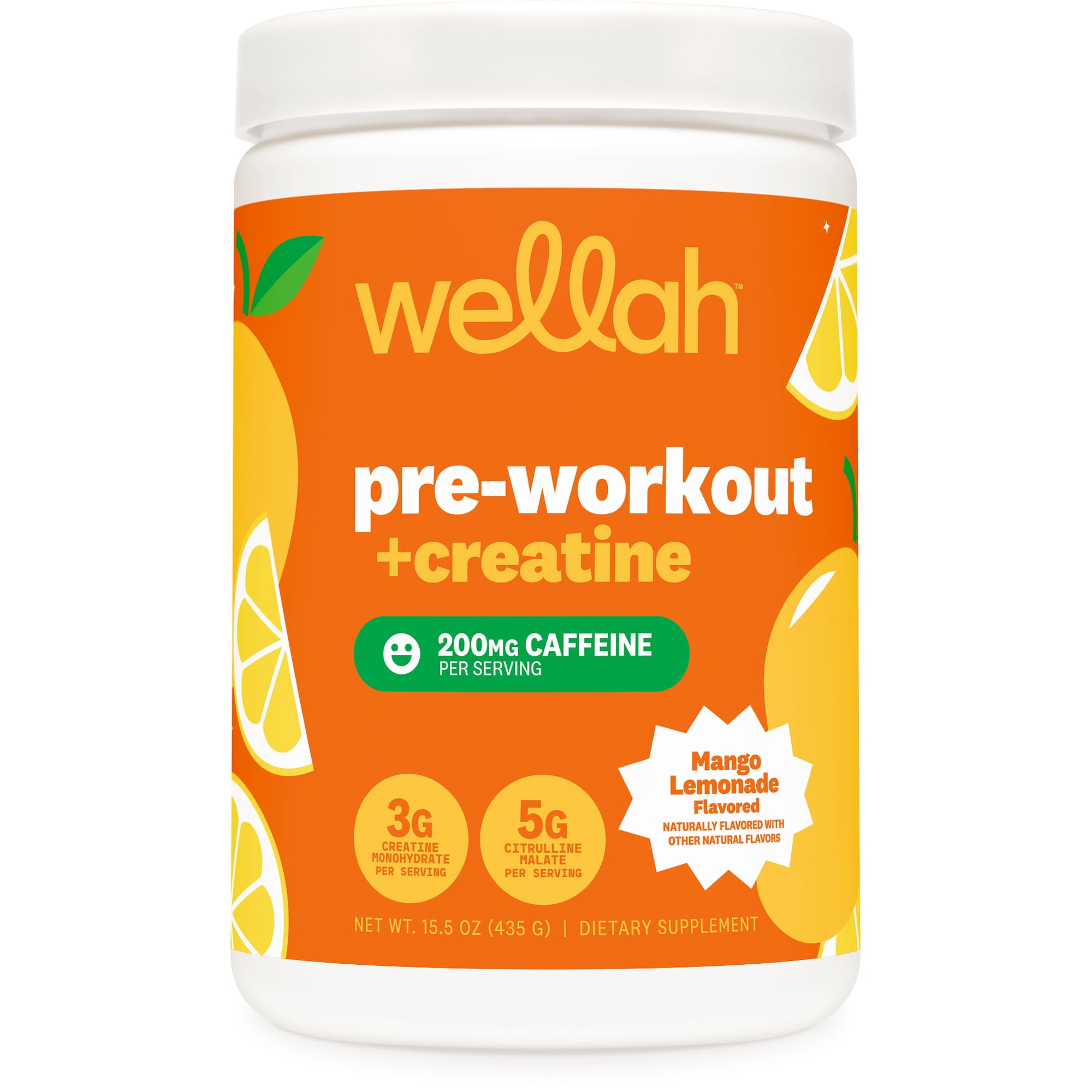 Wellah Pre-Workout + Creatine Powder (30 Servings) Mango Lemonade - 200mg Caffeine, 3g Creatine Monohydrate, 5g Citrulline Malate, Pre-Workout with Creatine Supplement
