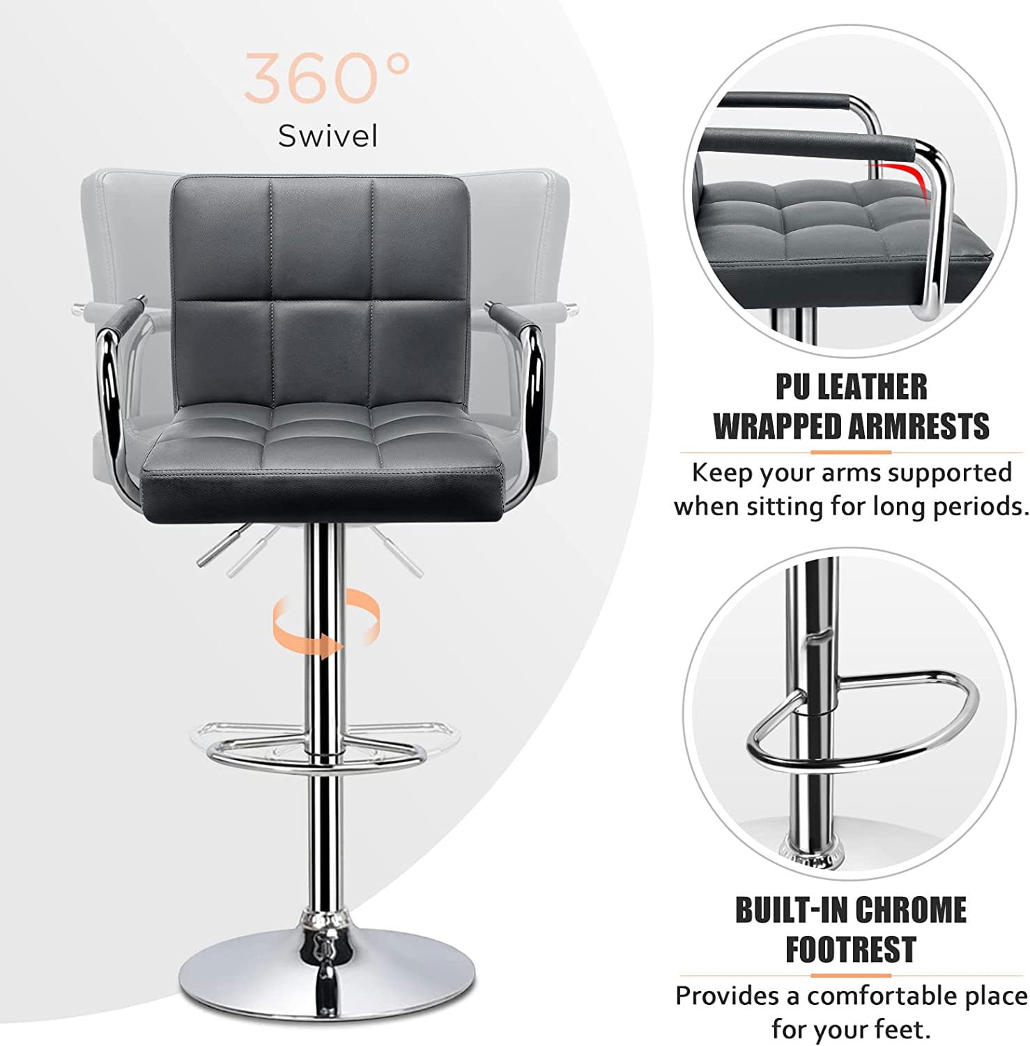 Soontrans Bar Stools Set of 2 Swivel Counter Height Stools, Adjustable Island Chairs for Kitchen with Back and Arms, Modern Barstools with Backrest and Armrest (Gray, 2Pcs)