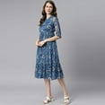 thumbnail image 4 of Janasya Summer Boho 3/4th Sleeve Floral Blue Poly Georgette Flared Midi Dress For Women, 4 of 7