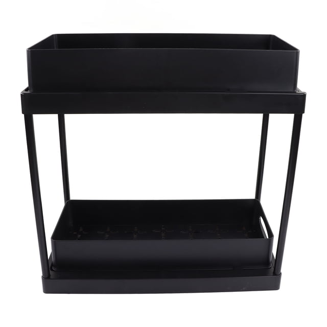 organizador de almacenamiento debajo del fregadero deslizante extraíble de doble capa Anggrek negro, vista frontal centrada de estantería rectangular de ABS con bandeja superior fija y bandeja inferior deslizante con asas, cuatro postes verticales y base plana, adecuado para almacenar productos de limpieza en cocina, baño o armario; suele usarse también para organizar artículos de lavandería.