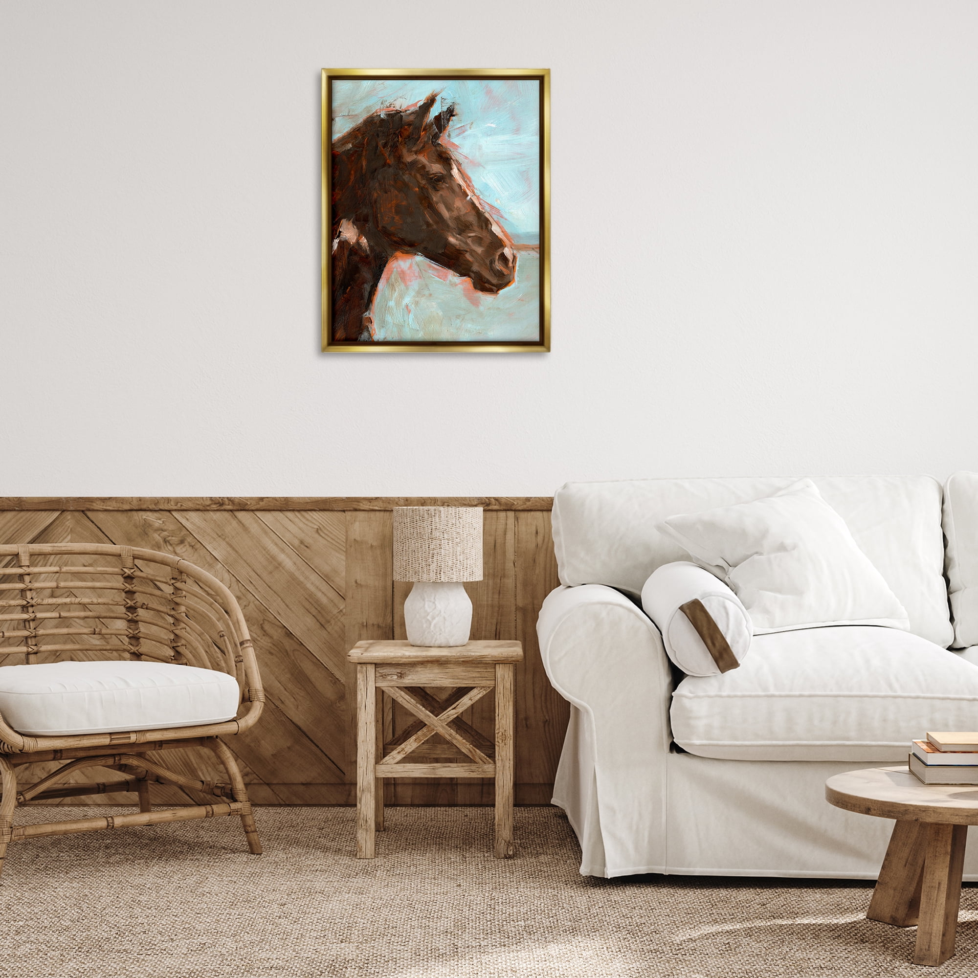 Stupell Industries Brown Horse on Blue Animals Painting Gold Floater Framed Canvas Art Print Wall Art, 25 x 31