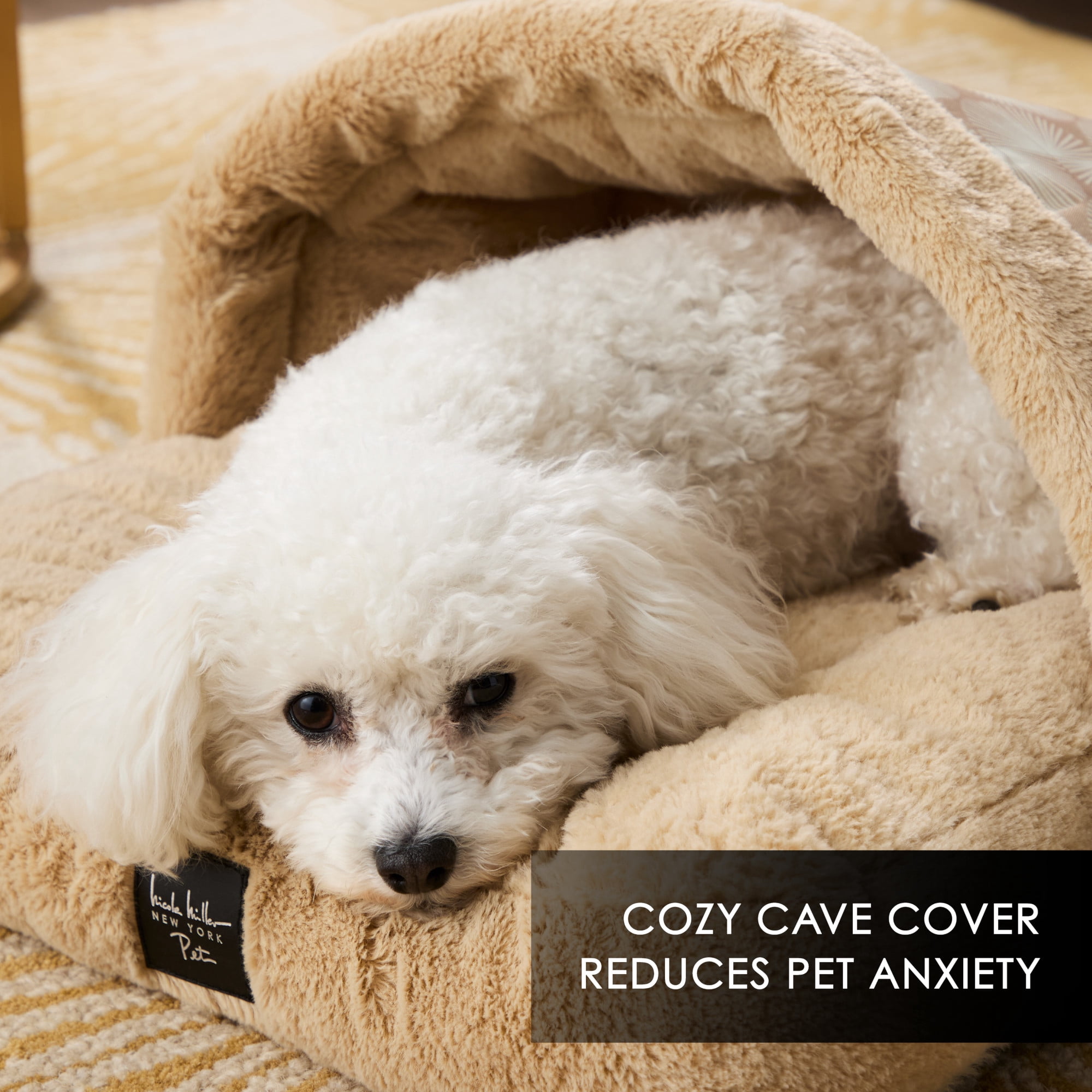 NICOLE MILLER NEW YORK PET Kendall Fluted Geo Cozy Slipper Cave Pet Bed, Cozy & Calming, Water Repellent, Non-Slip Bottom, Machine Washable, Taupe, Small 22"x17"x11"
