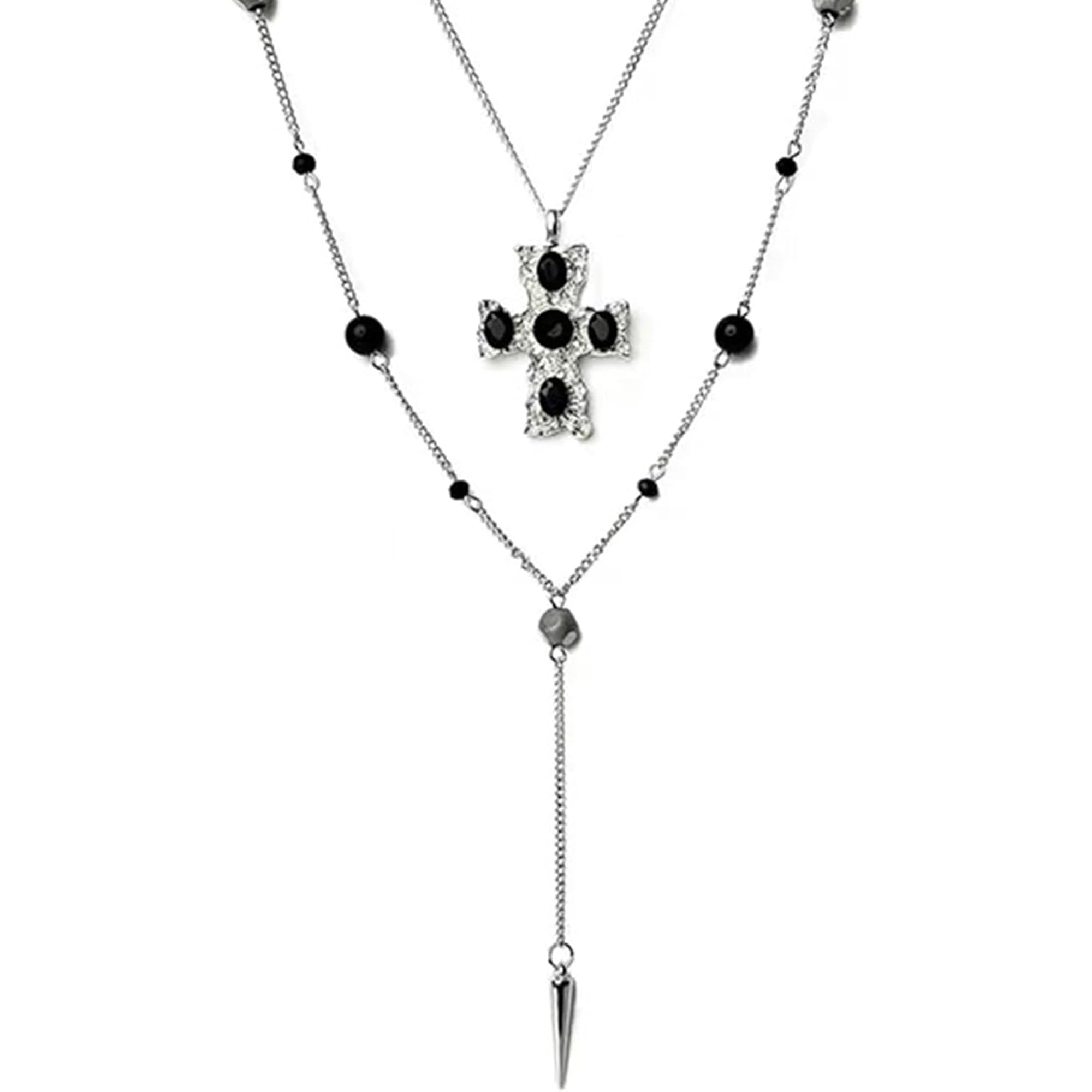 Vintage cross necklace, women's style, chunky cross layered necklace, black beaded cross chain pendant rosary, gothic cool Y2K style women's necklace, customized gift for religious purposes.