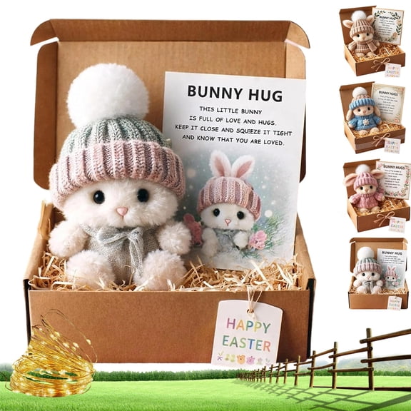 Mini Bunny Hug Cute Easter Gift, Handmade Bunny Hugs in Box, A Little Bundle of Love & Comfort, Cute Mini Soft Pocket Rabbit Toy, Stuffed Animal Bunny Doll with Inspirational Card(Gray)