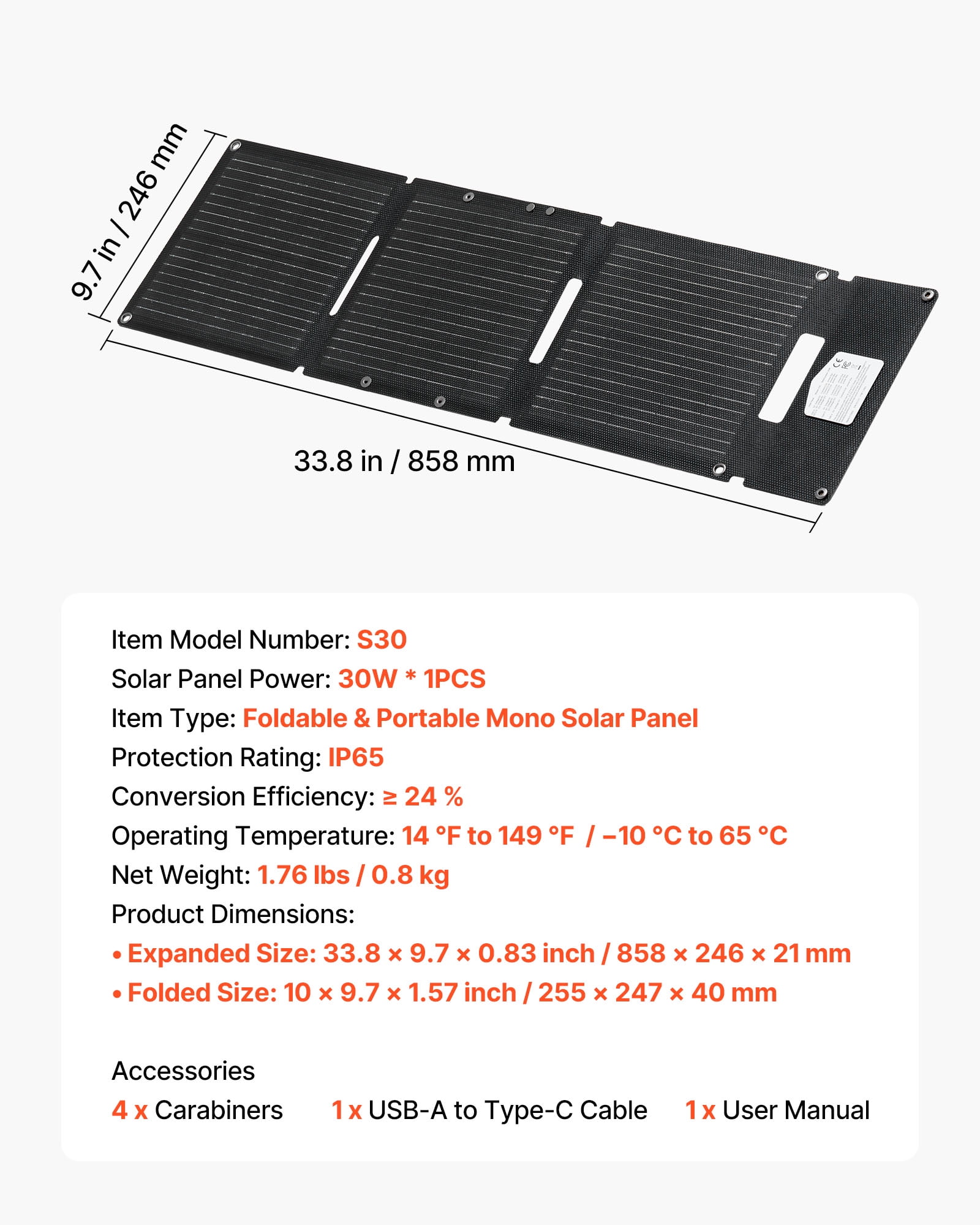VEVOR 30W Foldable Solar Panel Charger, 16BB N-Type Monocrystalline Solar Panel 24% Efficiency, Ultra-Light Portable with USB-A, USB-A (QC3.0) & Type-C Ports for Camping, Backpacking, Phones, Tablets