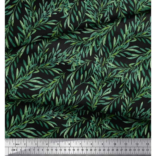Soimoi Black Rayon Crepe Fabric Laurel Leaves Decor Fabric Printed BTY 46 Inch Wide