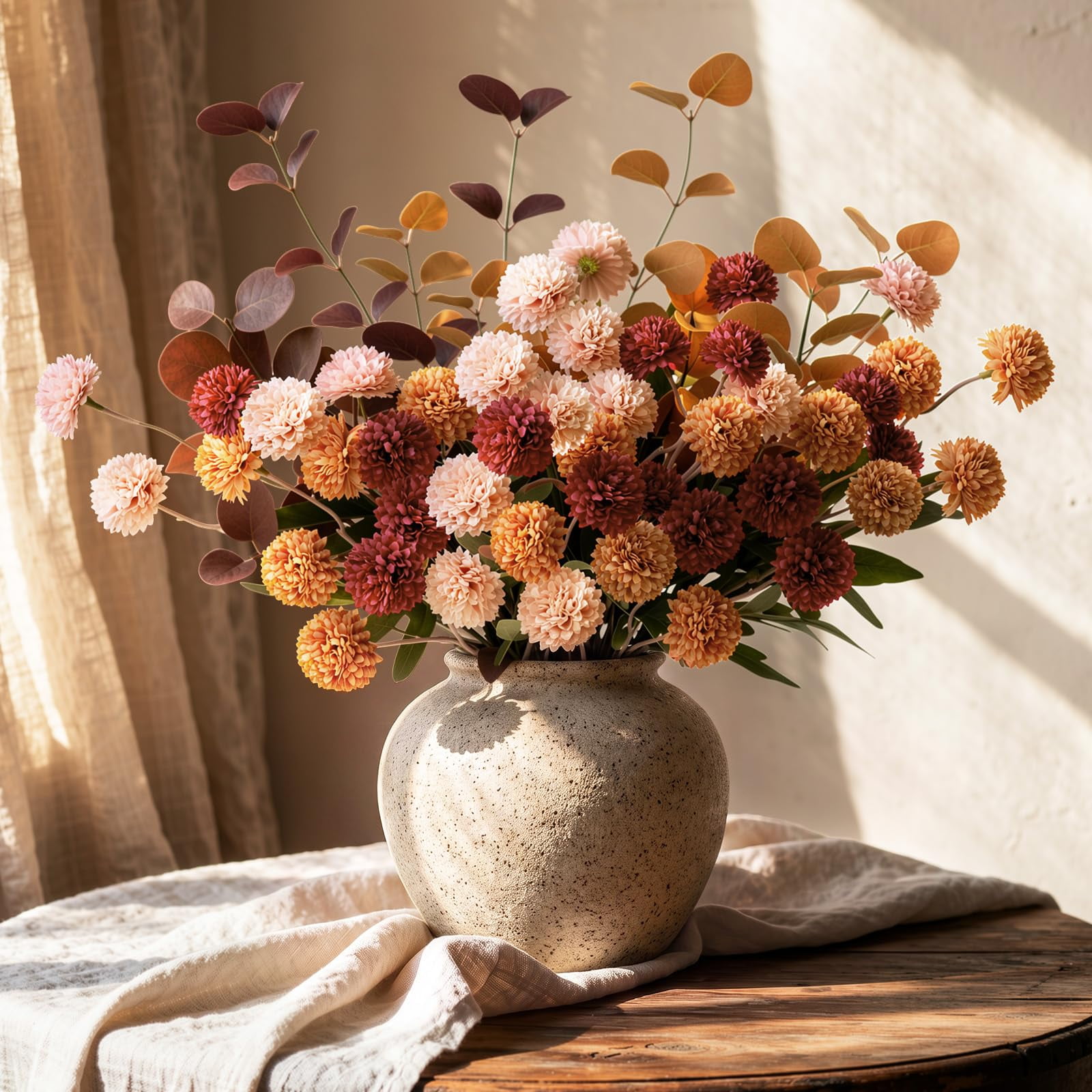 Lewondr Artificial Fall Fake Flowers Silk Pompon Mums, 9Pcs Faux Chrysanthemum with 8 Stem Eucalyptus, Autumn Floral Centerpieces for Home Table DIY Bouquet Wedding Decorations, Dark Red