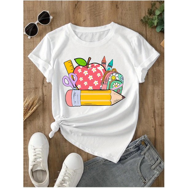 Girls' School-Themed Graphic T-Shirt with apple, Pencil, Scissors - Soft everyday Top for Back-to-School, Classroom Parties - all-Season Kids' Shirt- easy Care Round Neck Tee,Comfortable Fit