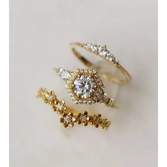 Om Jewels 14K Yellow Gold Finish His & Her Cubic Zirconia Wedding Engagement Cluster Trio Ring Set
