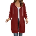 thumbnail image 2 of Women's Zip‑Up Hooded Long Cardigan, Drawstring‑Adjustable Hood, Full‑Zip and Side‑Slit Pockets, Ribbed Sleeve Cuffs, Loose‑Fit Neighborhood‑Walk Outerwear Red S, 2 of 7