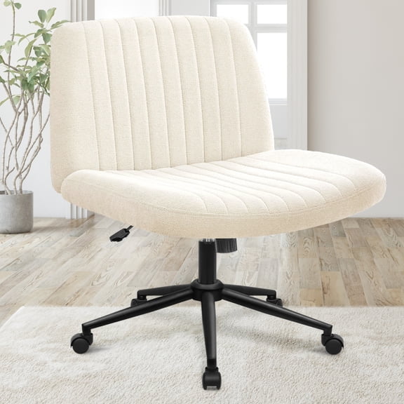 Orange Factory Criss Cross Chair Wheels Wide Cross Legged Office Desk Vanity Dual Base Comfy Fabric Armless Adjustable Swivel for Home Computer Task (Beige Dual Base, Fabric)