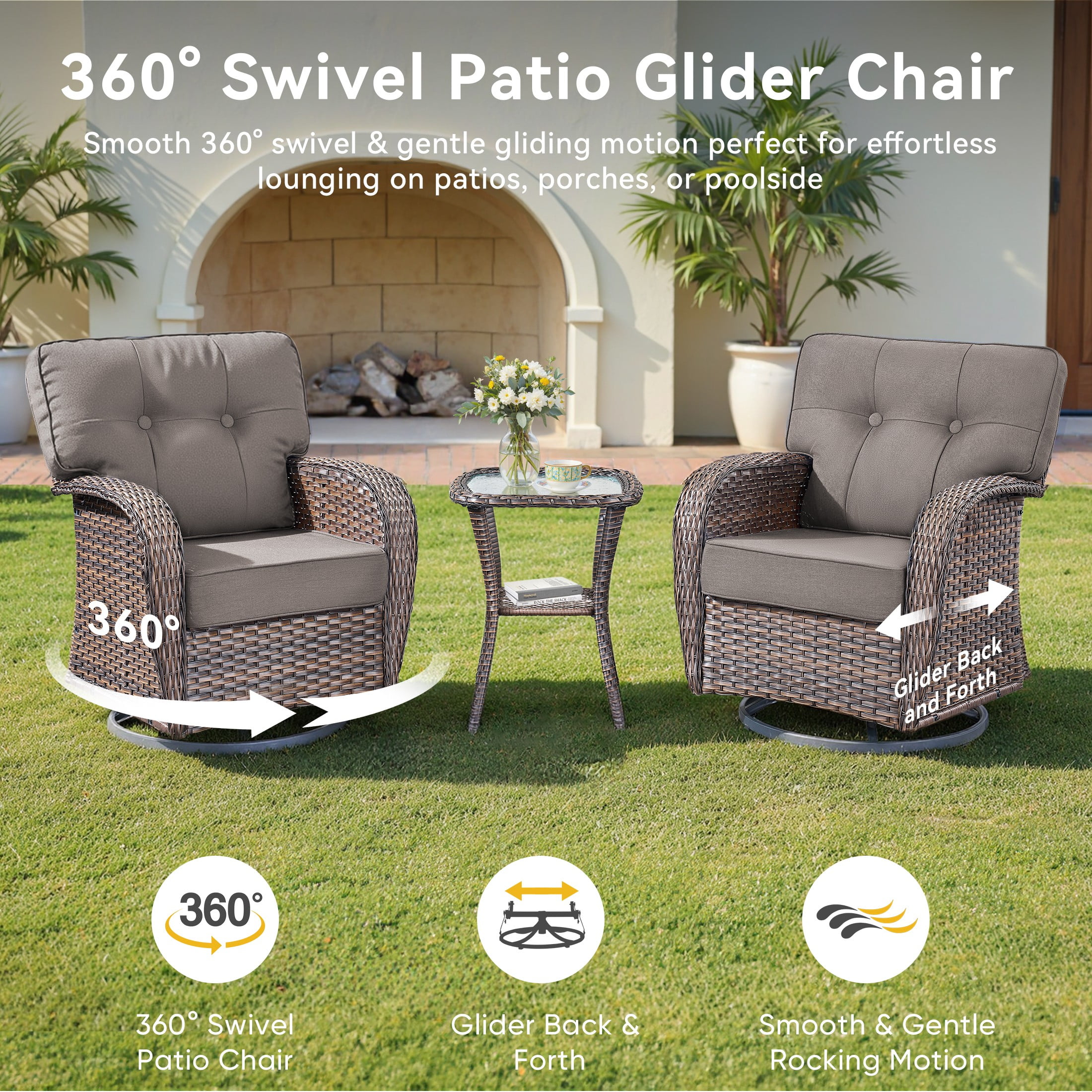 Unnifurnzi 8 Pieces Outdoor Patio Furniture Set with Fire Pit-Outdoor Sofa Couch with Outdoor Swivel Rocker Patio Chairs Wicker Patio Furniture for Deck Porch Garden Balcony Poolside-Brown/Gray