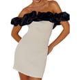 thumbnail image 2 of FOCUSNORM Robe de Soirée à Épaules Dénudées pour Femme, Manches Courtes Bouffantes, Couleur Contrastante, Robe Moulante Courte, 2 of 8