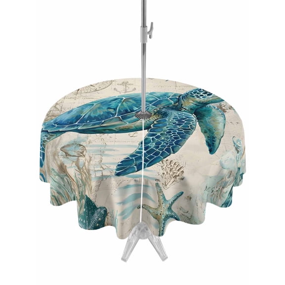 Outdoor Tablecloth with Umbrella Hole for Patio/Picnic/Party/Camping, Teal Sea Turtle Coastal Waterproof Table Cloth Round Cover Washable, Vintage Summer Beach Nautical (Dia 60")