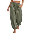 thumbnail image 3 of Nestiefly Womens Cotton Harem Pants Elastic Waist Baggy Pant Drawstring Balloon Trouser Loose Beach Pants with Pockets Green M, 3 of 6