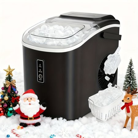 Portable Countertop Nugget Ice Maker - 9 Cubes in 6 Mins, 26Lbs/Day, Self-Cleaning, Scoop&Basket, Black for BBQ, Camping, Kitchen