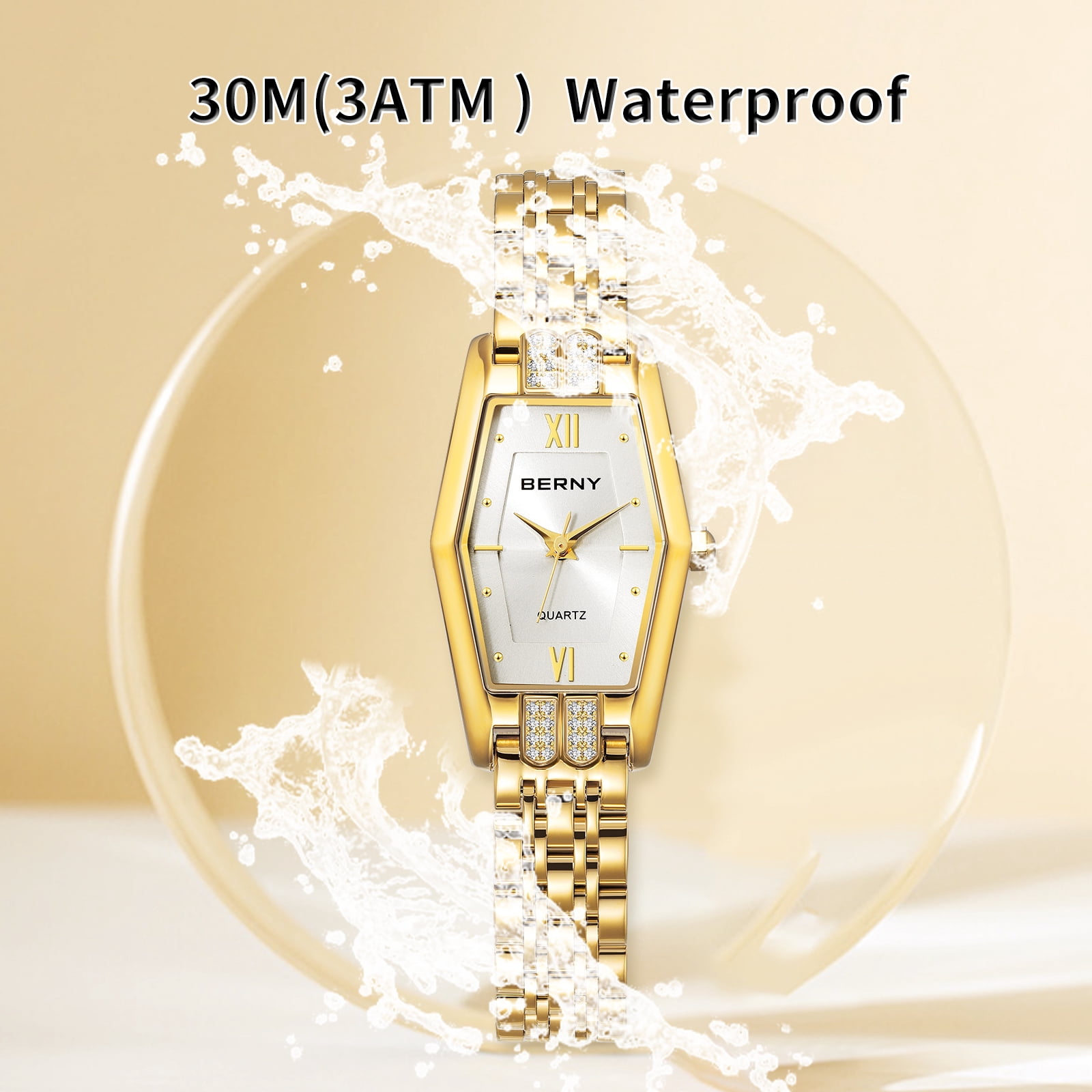 BERNY Gold Watches for Women, Dainty Luxury Diamond Stainless Steel Bracelet Watch, Adjustment Tool Included, Waterproof, Fashion Ladies Analog Quartz Wristwatch, Small Gold Watch Gifts (White)