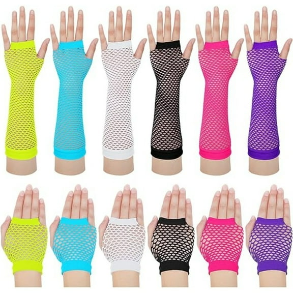 12 Pairs Fishnet Gloves for Women, 80s 90s Fingerless Mesh Gloves in 6 Neon Colors, Long & Short Set for Halloween Cosplay Party