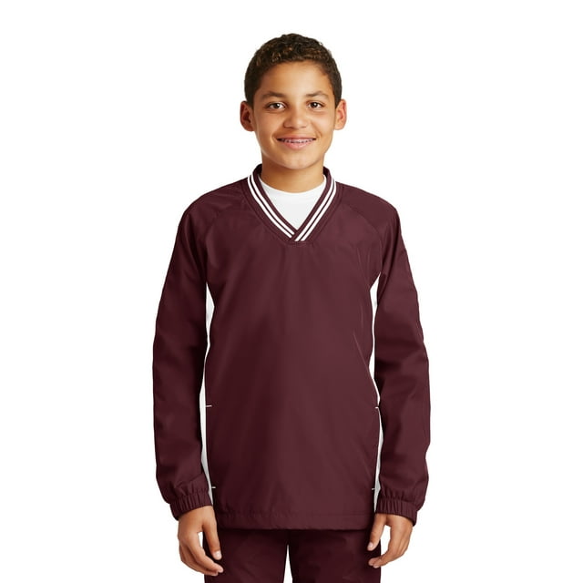 Camiseta cortavientos raglán con cuello en V Sport-Tek YST62 Granate/Blanco XS para jóvenes