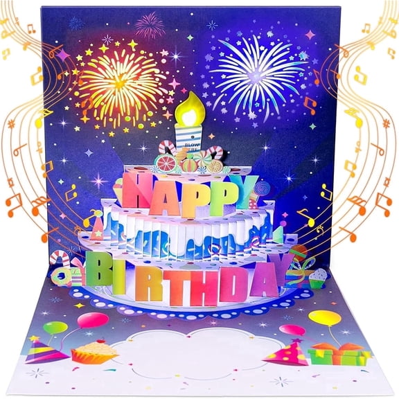 3D Pop Up Blowable Candle Birthday Cards, Musical Birthday Cards With Fireworks Light, Cake Music Happy Birthday Greeting Card Gifts for Women Men Mom Wife Husband