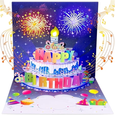 3D Pop Up Blowable Candle Birthday Cards, Musical Birthday Cards With Fireworks Light, Cake Music Happy Birthday Greeting Card Gifts for Women Men Mom Wife Husband